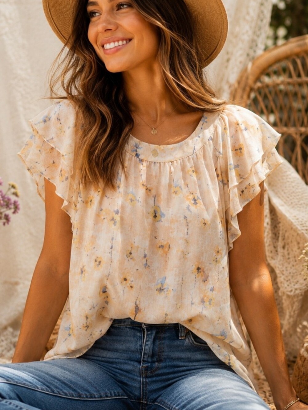 NWT Melloday Romantic Floral Flutter Sleeve Blouse Cottagecore Boho Sheer Small